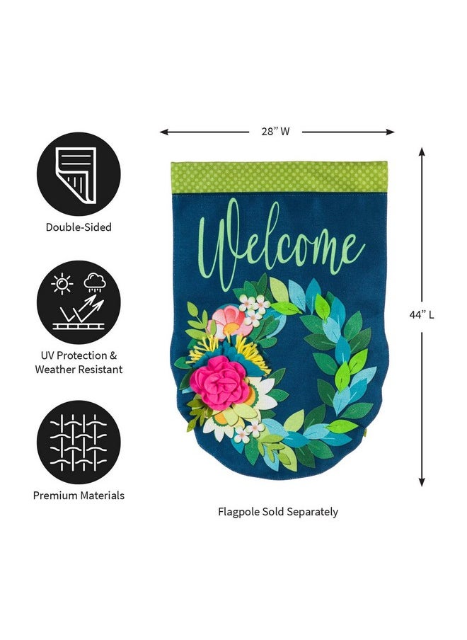 Evergreen Welcome Spring Floral Wreath House Size Flag | Double Sided & 3D Applique Stitching Burlap | Blue Green Pink | 44-In X 28-In | Outdoor Home Décor Lawn Yard Patio Deck Porch