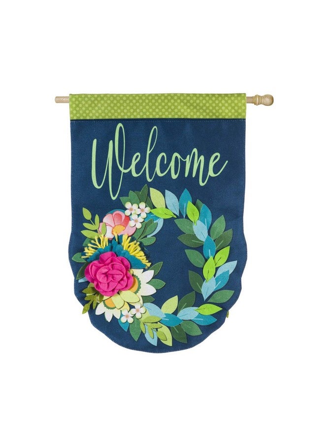 Evergreen Welcome Spring Floral Wreath House Size Flag | Double Sided & 3D Applique Stitching Burlap | Blue Green Pink | 44-In X 28-In | Outdoor Home Décor Lawn Yard Patio Deck Porch