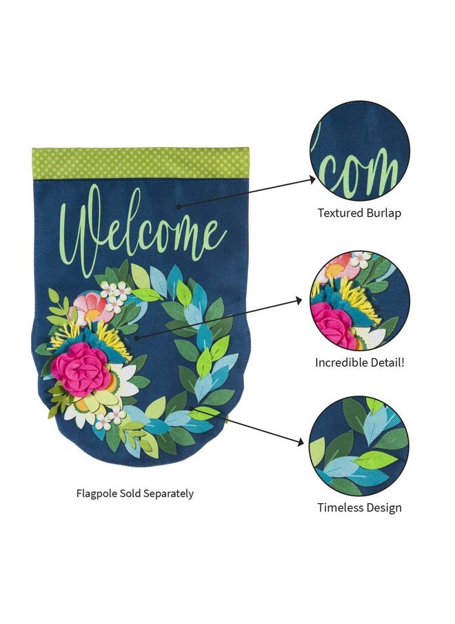 Evergreen Welcome Spring Floral Wreath House Size Flag | Double Sided & 3D Applique Stitching Burlap | Blue Green Pink | 44-In X 28-In | Outdoor Home Décor Lawn Yard Patio Deck Porch