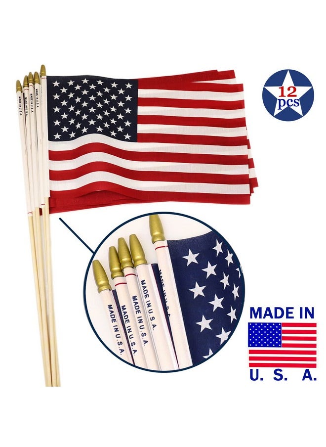 12-Pack 8X12 Inch American Flag Proudly Made In U.S.A. Handheld Us Stick Flags With Spear Gold Tip, Pole Hem Stitched Made In U.S.A American Stick Flags