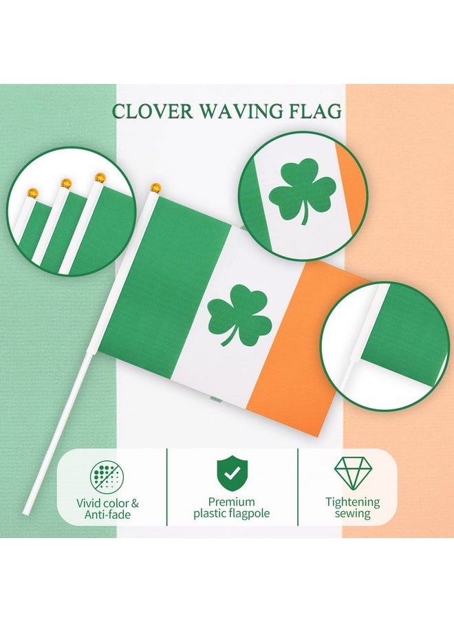 20 Pack Small Ireland Irish Shamrock Flag Stick 5'' X 8'' - Mini Handheld Lucky Green Clover Flags For St Patrick'S Day Parade Celebration