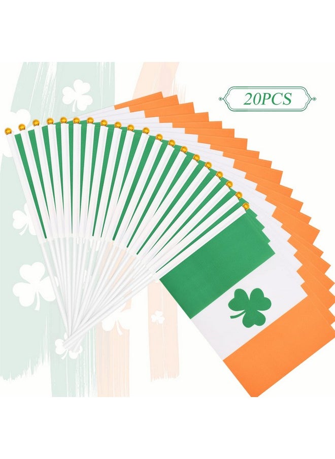 20 Pack Small Ireland Irish Shamrock Flag Stick 5'' X 8'' - Mini Handheld Lucky Green Clover Flags For St Patrick'S Day Parade Celebration