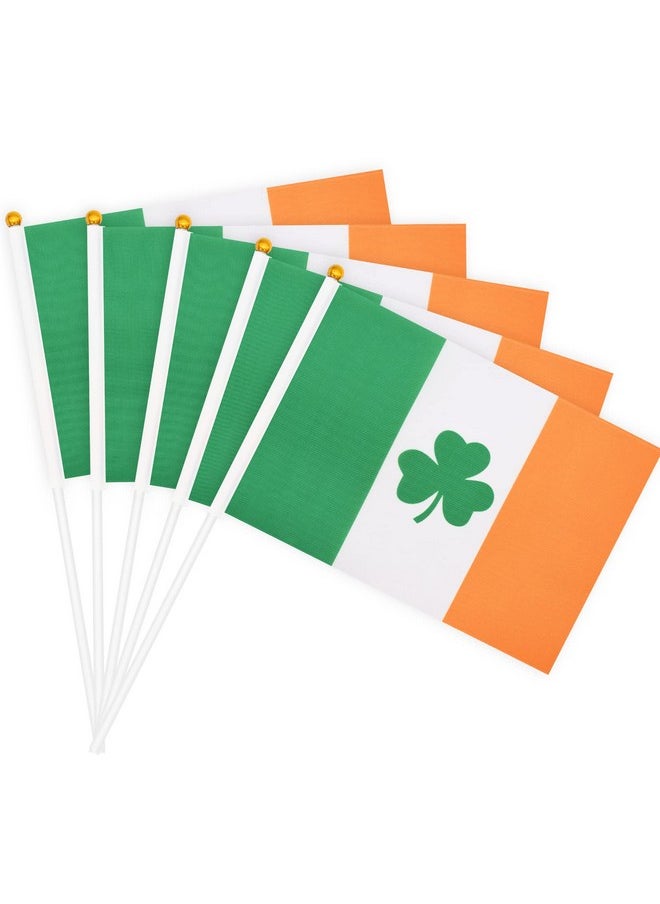 20 Pack Small Ireland Irish Shamrock Flag Stick 5'' X 8'' - Mini Handheld Lucky Green Clover Flags For St Patrick'S Day Parade Celebration