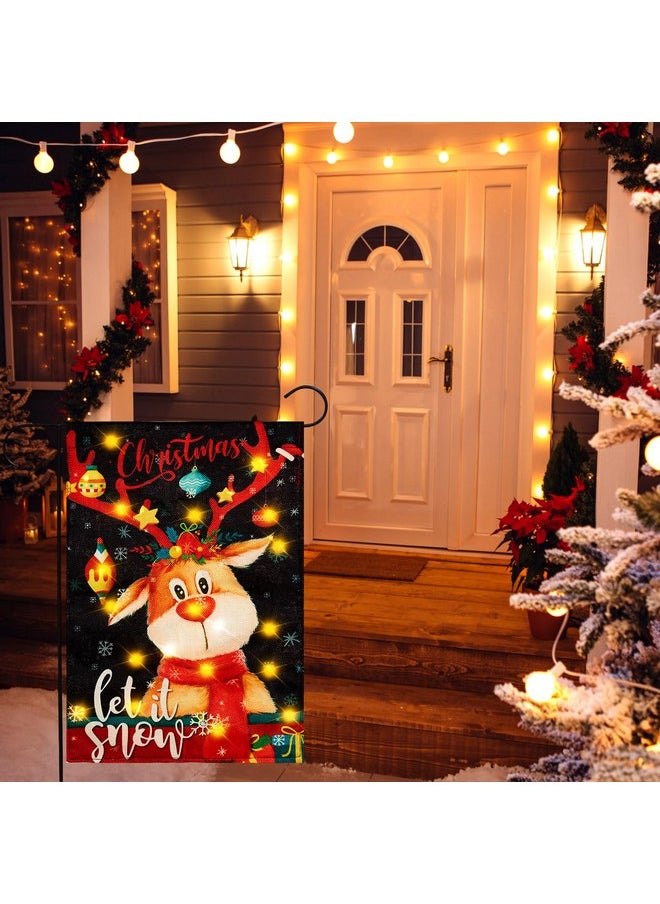 Merry Christmas Lighted Garden Flag, 12X18 Elk Christmas Yard Flag With Led Double Sided Xmas Garden Flag Winter Elk Snowflake Yard Flag For Home Farmhouse Outdoor Holiday Decoration