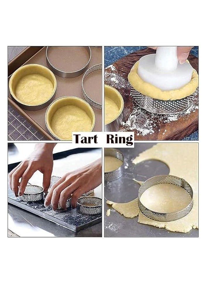 Cake Ring Tart Pans Stainless Steel, Circle Cake Molds for Baking, Tartlet Mousse Pie Dessert Mould Heat Resistant Perforated Bakeware Tools, Round Diameter 8 cm 10 Packs