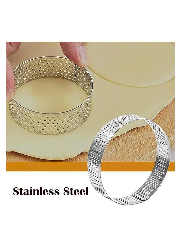 Cake Ring Tart Pans Stainless Steel, Circle Cake Molds for Baking, Tartlet Mousse Pie Dessert Mould Heat Resistant Perforated Bakeware Tools, Round Diameter 8 cm 10 Packs