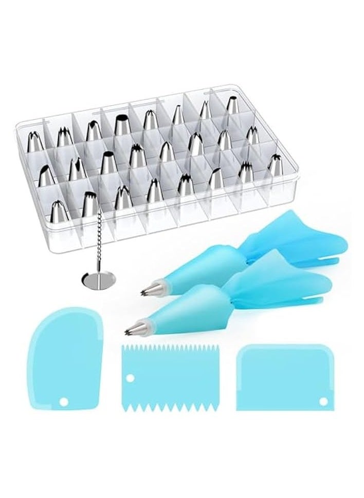 33PCS Bakeware Set，Reusable Pastry Bag Cou plers Cake Decorating Tools, Pastry Nozzles Icing Tips Case, Flower Nails, Icing Smoother, Baking Decoration Tools for Cake Cookies