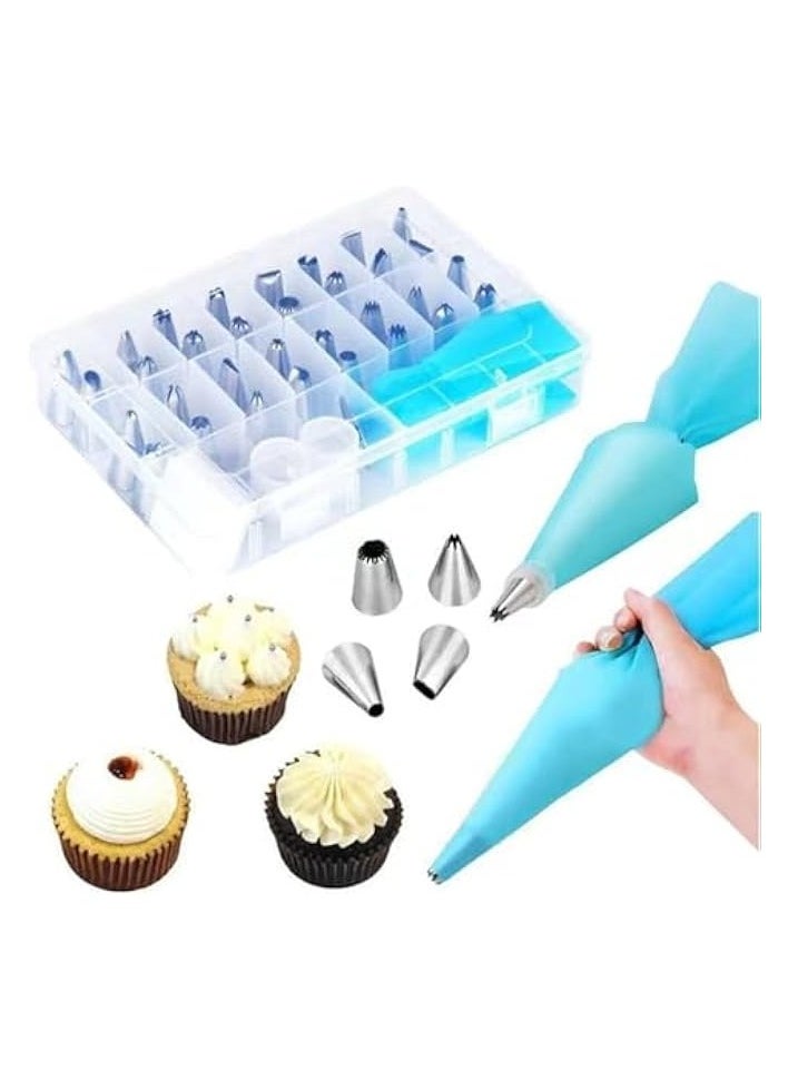 33PCS Bakeware Set，Reusable Pastry Bag Cou plers Cake Decorating Tools, Pastry Nozzles Icing Tips Case, Flower Nails, Icing Smoother, Baking Decoration Tools for Cake Cookies