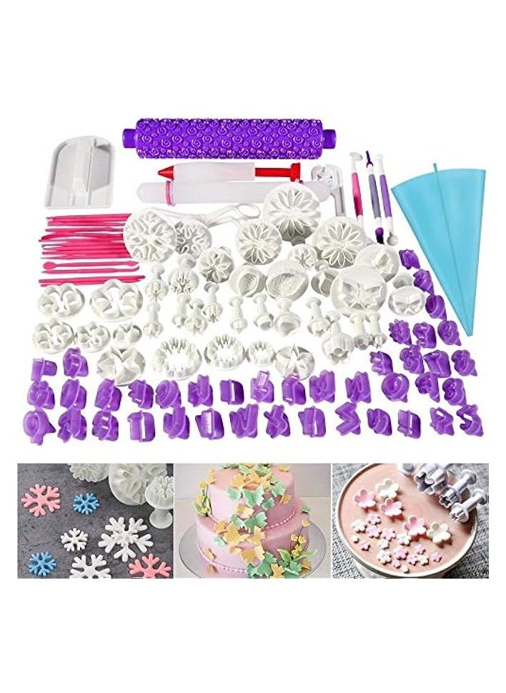 100pcs Fondant Cake Decorating Tools Cutter Cookie Bakeware Icing Decoration Kit with Flower Modelling Mold Mould Fondant Tools Dough Roller Rolling Pin Full Set