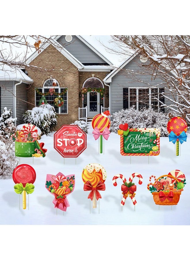 10 Pcs Candy Christmas Yard Signs Santa Stop Here Yard Decorations Outdoor Lollipop Christmas Garden Signs With Stakes Winter Holiday Pathway Lawn Decorations Merry Xmas Decor Supplies