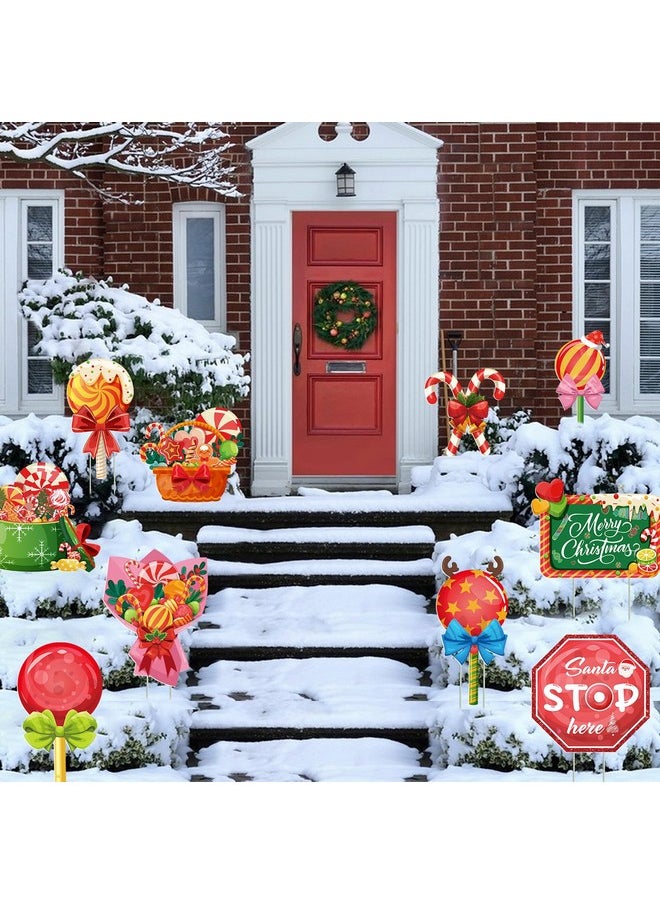 10 Pcs Candy Christmas Yard Signs Santa Stop Here Yard Decorations Outdoor Lollipop Christmas Garden Signs With Stakes Winter Holiday Pathway Lawn Decorations Merry Xmas Decor Supplies