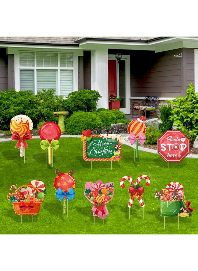 10 Pcs Candy Christmas Yard Signs Santa Stop Here Yard Decorations Outdoor Lollipop Christmas Garden Signs With Stakes Winter Holiday Pathway Lawn Decorations Merry Xmas Decor Supplies