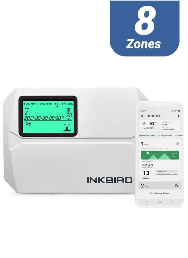 INKBIRD Wi-Fi Smart Sprinkler Controller IIC-800-WiFi 8 Zones Indoor/Outdoor Irrigation Timer Free App Monitoring Supports Manual Mode Rain Skip Seasonal Adjustment