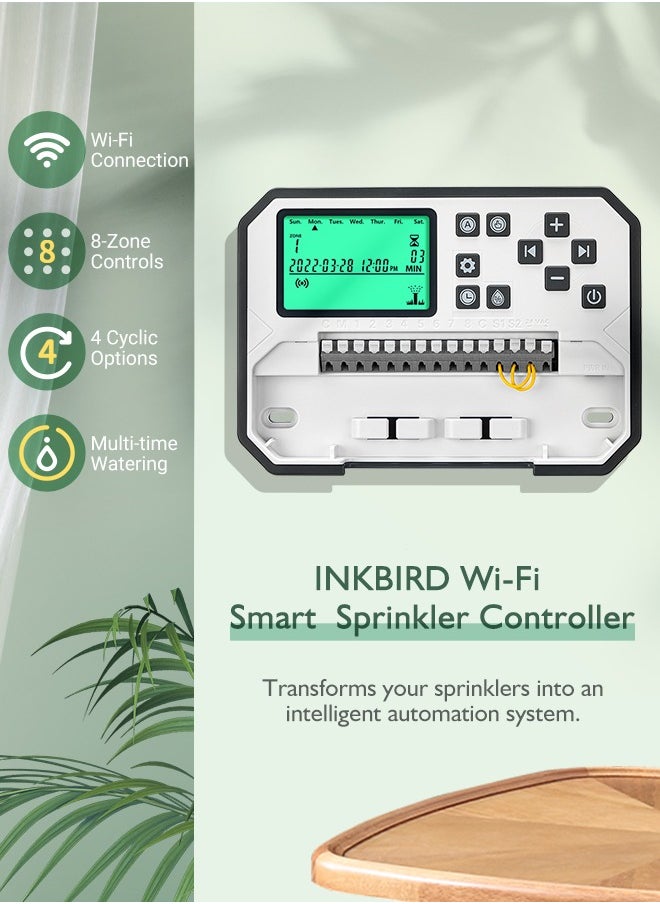 INKBIRD Wi-Fi Smart Sprinkler Controller IIC-800-WiFi 8 Zones Indoor/Outdoor Irrigation Timer Free App Monitoring Supports Manual Mode Rain Skip Seasonal Adjustment