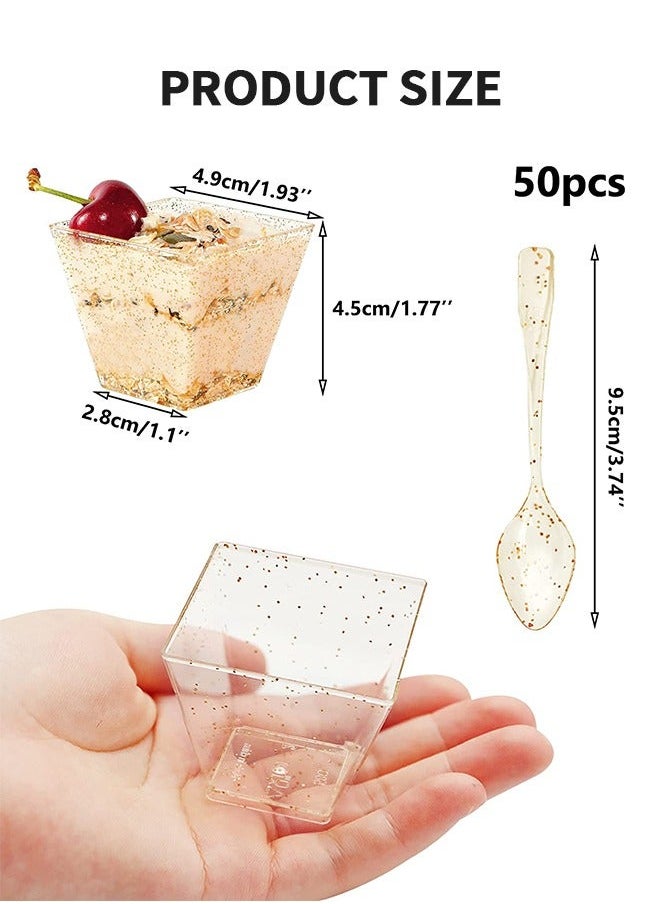 50pcs Dessert Cups, 2 OZ / 60ML Mini Cups with Spoons, Reusable Gold Powder Plastic Cup Appetizer Cup, Square Serving Party Utensils, Supplies