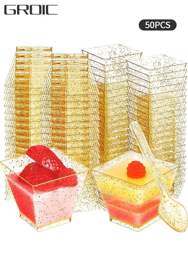 50pcs Dessert Cups, 2 OZ / 60ML Mini Cups with Spoons, Reusable Gold Powder Plastic Cup Appetizer Cup, Square Serving Party Utensils, Supplies