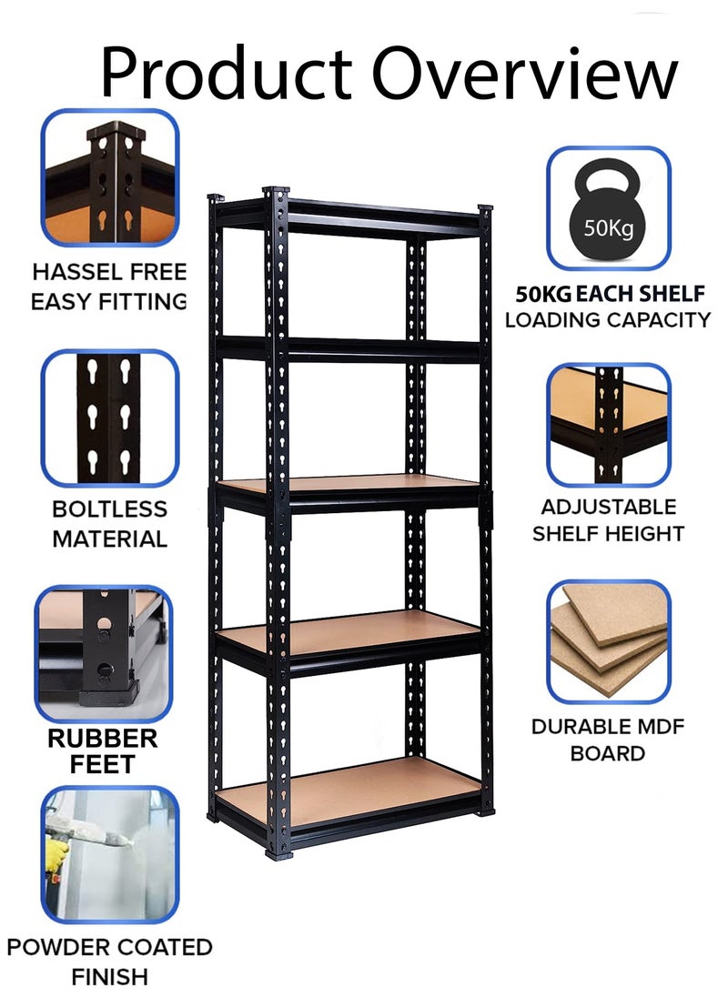 Adjustable 5 Layer Rack Shelf Metal Compartment Heavy Duty 5 Tier Shelving Unit Storage Organiser Boltless Utility Display Shelves Tool and Equipment Shelf For Garage Home Office Kitchen Dishes Toilet Bathroom Warehouse With Rubber Hammer 100x180x40cm