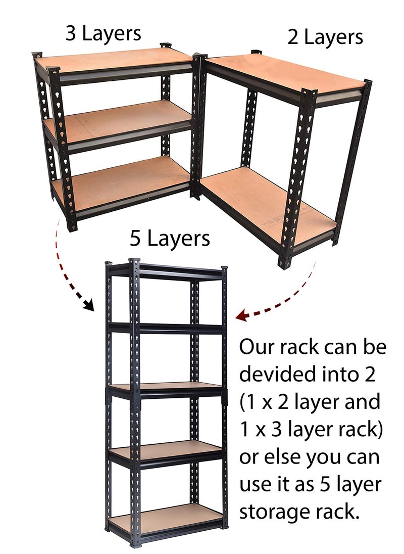 Adjustable 5 Layer Rack Shelf Metal Compartment Heavy Duty 5 Tier Shelving Unit Storage Organiser Boltless Utility Display Shelves Tool and Equipment Shelf For Garage Home Office Kitchen Dishes Toilet Bathroom Warehouse With Rubber Hammer 100x180x40cm