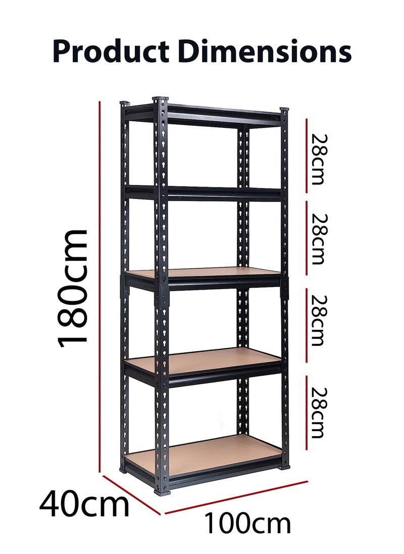 Adjustable 5 Layer Rack Shelf Metal Compartment Heavy Duty 5 Tier Shelving Unit Storage Organiser Boltless Utility Display Shelves Tool and Equipment Shelf For Garage Home Office Kitchen Dishes Toilet Bathroom Warehouse With Rubber Hammer 100x180x40cm