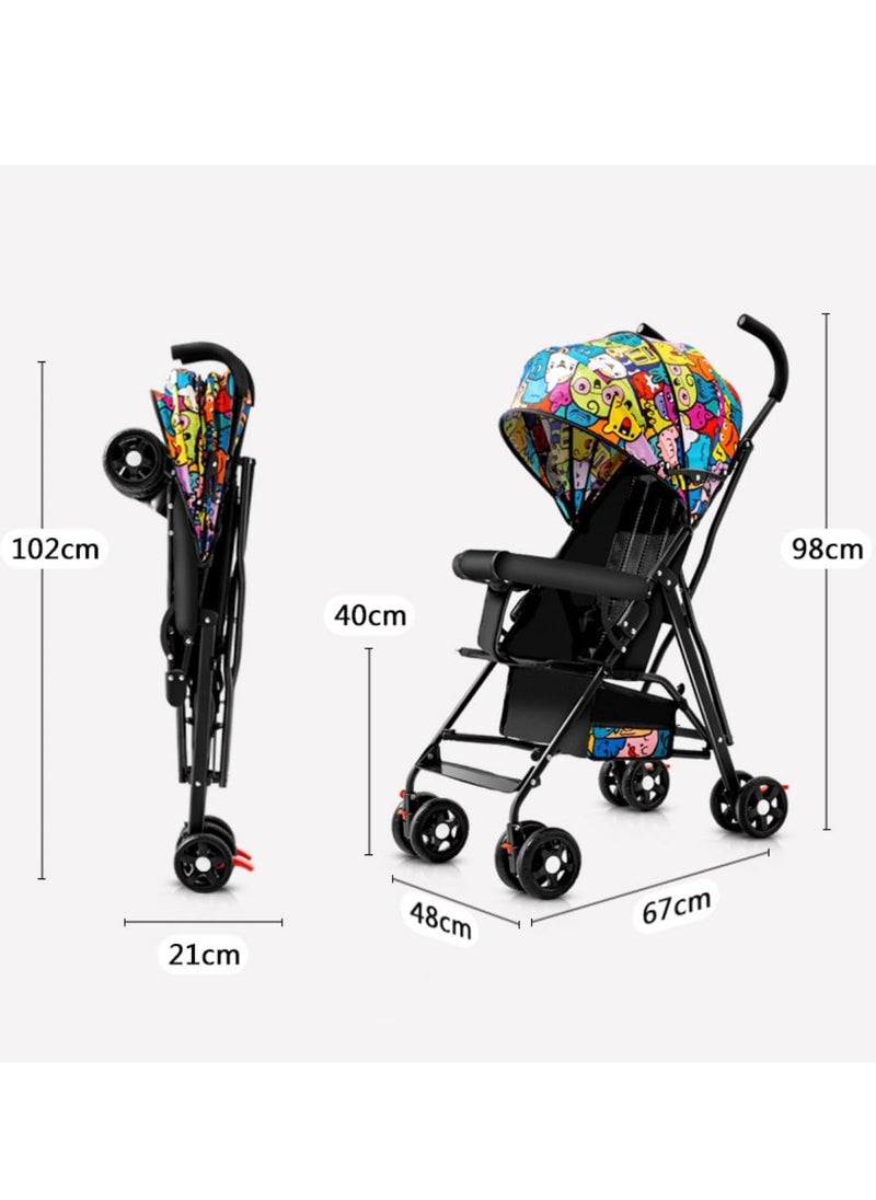 Baby Stroller, Folding Compact Travel Stroller, Small Children's Stroller with Adjustable Backrest, Footrest, Storage Basket and Extra-Large Canopy Cup Holder Black