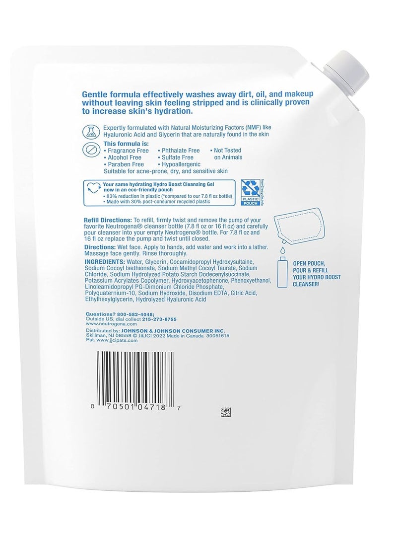 Hydro Boost Fragrance Free Hydrating Gel Facial Cleanser with Hyaluronic Acid, Daily Foaming Face Wash & Makeup Remover, Gentle Face Wash, Non-Comedogenic, Refill Pouch, 16 fl. Oz 473 mlml