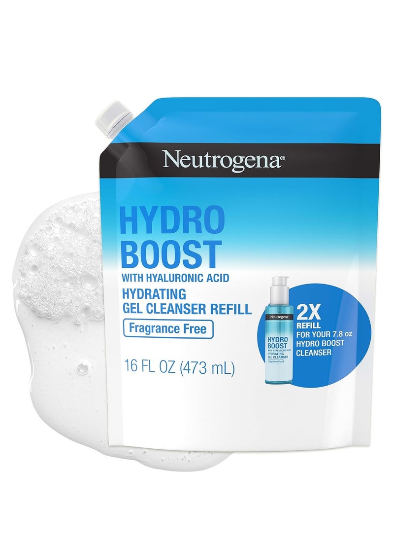 Hydro Boost Fragrance Free Hydrating Gel Facial Cleanser with Hyaluronic Acid, Daily Foaming Face Wash & Makeup Remover, Gentle Face Wash, Non-Comedogenic, Refill Pouch, 16 fl. Oz 473 mlml