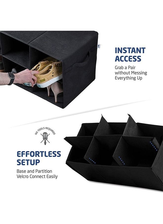 Freestanding Shoe Organizer No Tools Required 6 Big Sections Fits Men's Shoes, Compact For Entryways, Closets Also Ideal For Accessories, Durable Cardboard Covered With Smooth Fabric Foldable Straps