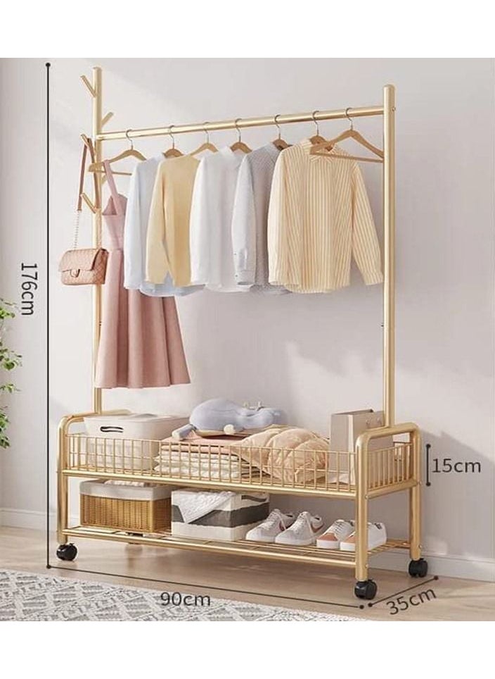 Mobile Clothes Stand With Wheels Sturdy Metal Clothes Rail Heavy Duty Garment Rack Free Standing Clothes Rack With 2 Tier Bottom Shelves