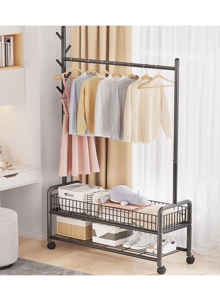 Mobile Clothes Stand With Wheels Sturdy Metal Clothes Rail Heavy Duty Garment Rack Free Standing Clothes Rack With 2 Tier Bottom Shelves