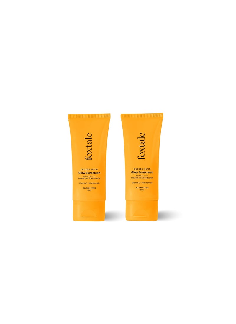 FoxTale - (Pack Of 2) Essentials Daily Glow Sunscreen Spf 50 Sunscreen Vitamin C & Niacinamide, Uva & Uvb Filters-Clinically Proven Brightening Ingredients, No White Cast, Non-Greasy Formula, 50 Ml