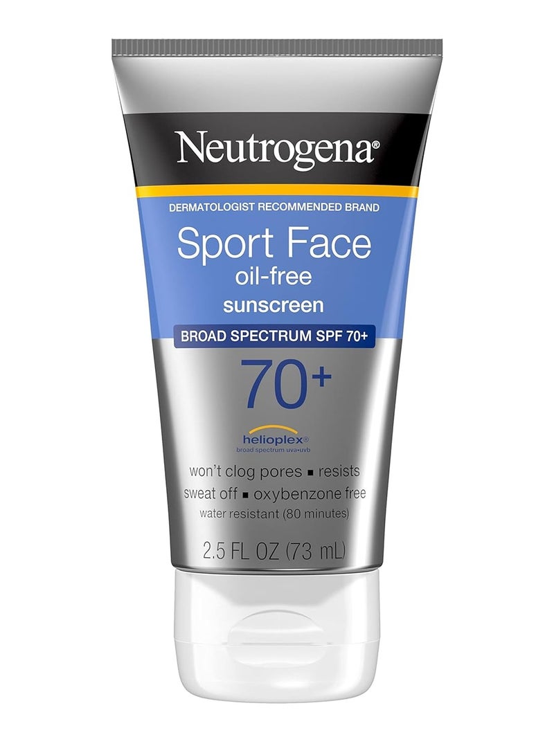 Sport Face Sunscreen, Broad Spectrum Sunblock SPF 70+, Water Resistant Sunscreen For Face, Sweat Resistant Oil Free Sunscreen Lotion, 2.5 FL OZ 73 mlml