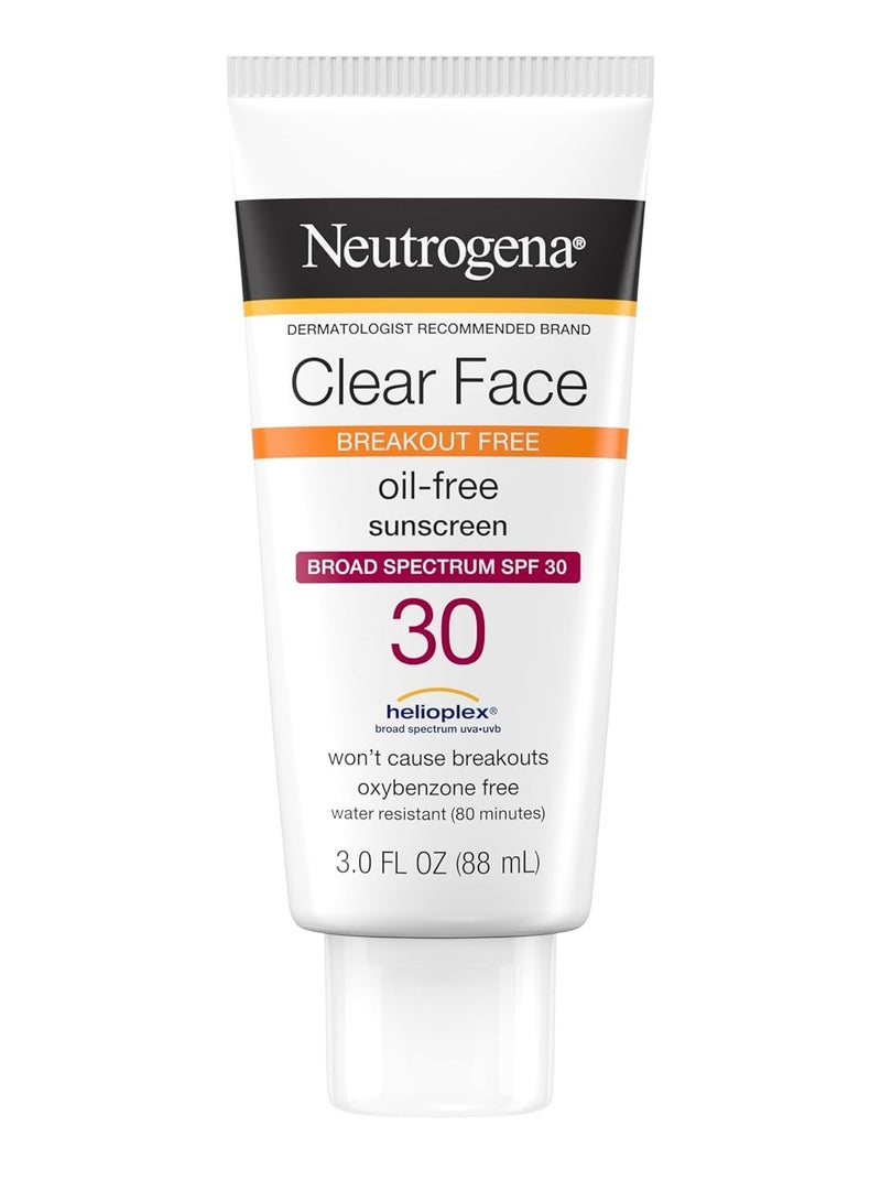 Clear Face Sunscreen For Acne Prone Skin, Broad Spectrum Sunblock SPF 30, Non Comedogenic, Oil Free Sunscreen for Sun Protection, 3 FL OZ 88 mlml