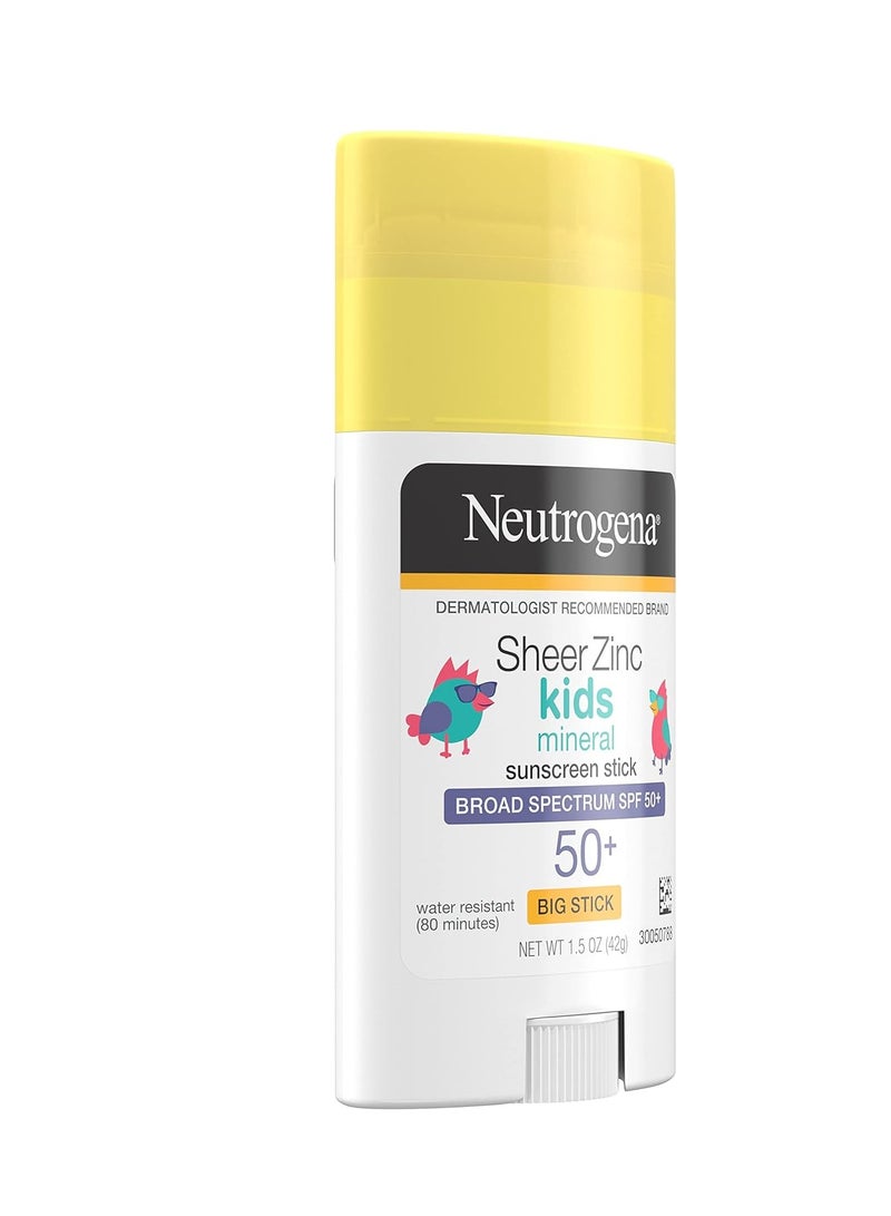 Sheer Zinc Oxide Kids Mineral Sunscreen Stick, Broad Spectrum SPF 50+ & UVA/UVB Protection & Water Resistant with Residue-Free, No-Mess Application, Oil- & Paraben-Free, 1.5 ozounce