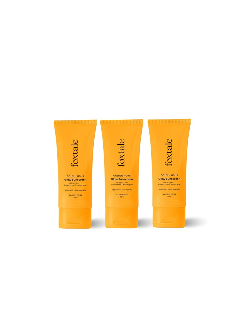 FoxTale (Pack Of 3)Glow Sunscreen Spf 50 Pa++++ Lightweight With Vitamin C&Niacinamide|Fast Absorbing|Uva&Uvb Filters Prevents Tanning|No White Cast|Non-Greasy|For Men&Women|All Skin Types-50 Ml