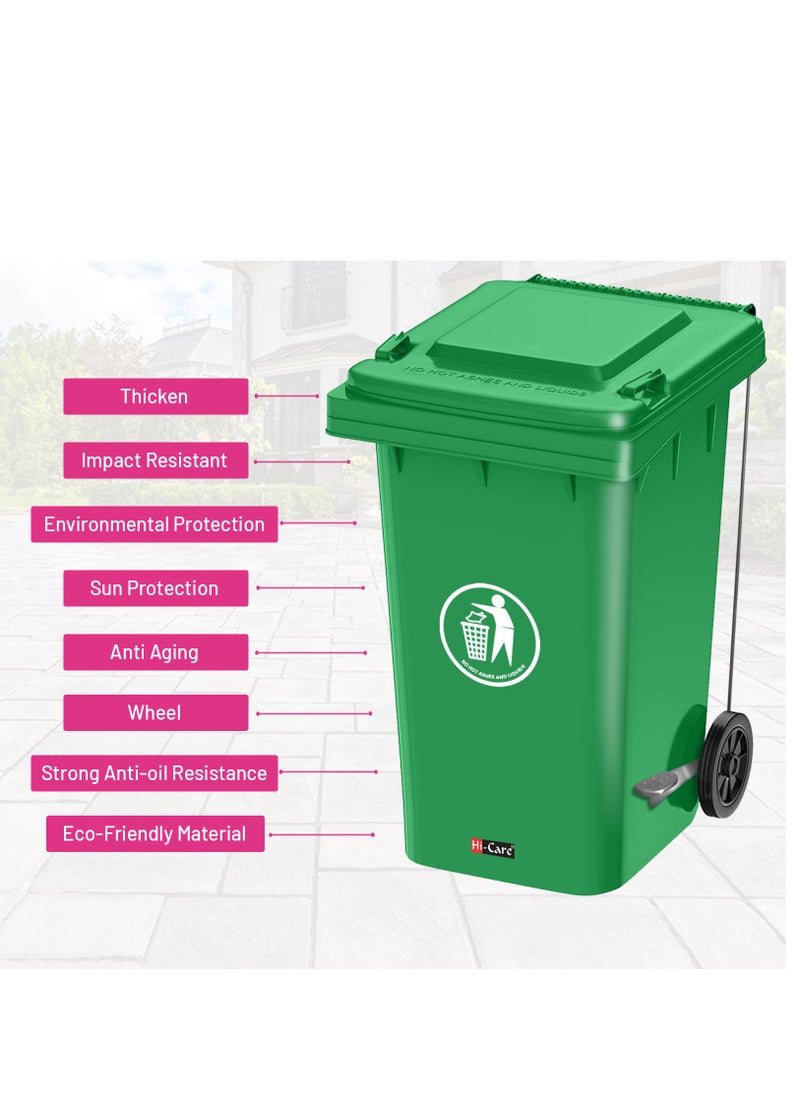 Plastic Garbage Bin 240 Litre with wheel and pedal - Heavy Duty Kitchen DustBin Outdoor Recycle Trash Can Large Industrial Wastebin Trash bin (Green)