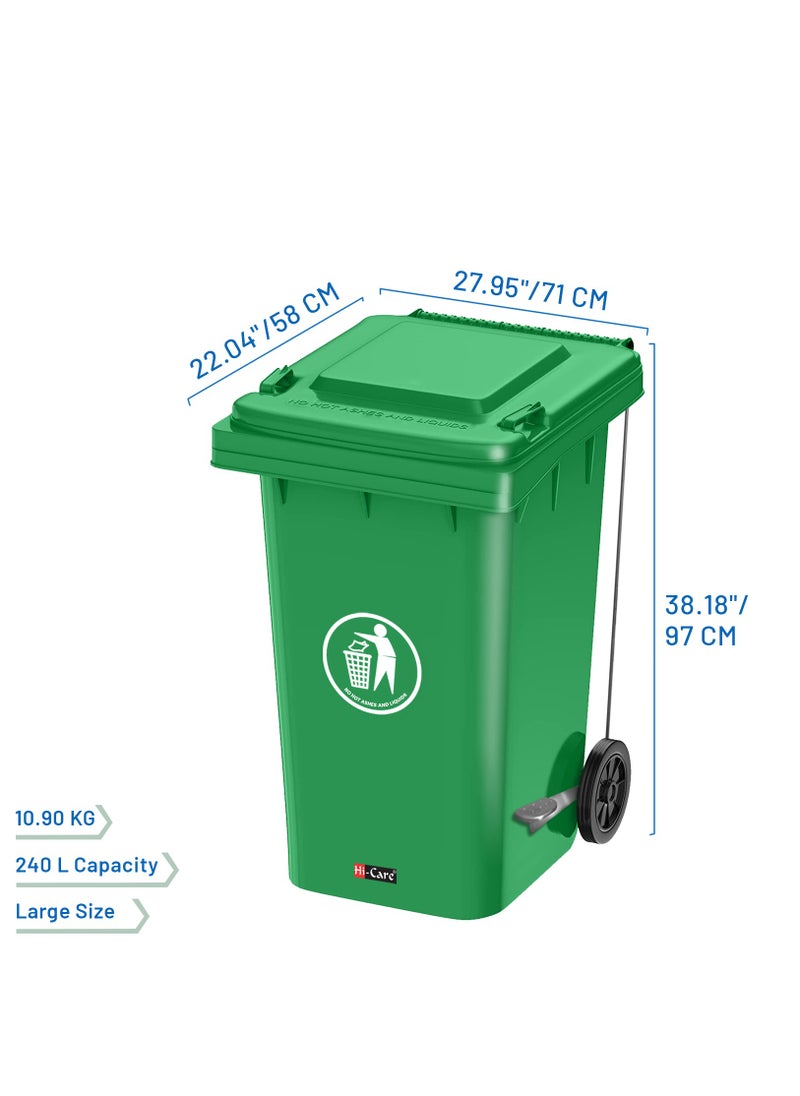 Plastic Garbage Bin 240 Litre with wheel and pedal - Heavy Duty Kitchen DustBin Outdoor Recycle Trash Can Large Industrial Wastebin Trash bin (Green)