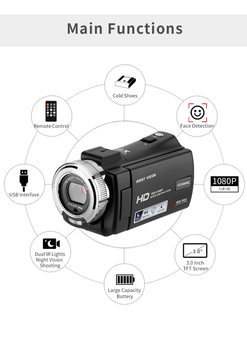 COOPIC V1000 3’’ TFT Anti-Shake Full HD 1080P Digital Video Camera | 30MP Photo, 16X Zoom, Night Vision, Compatible with Windows XP/7/8/10 for Vlogging and Content Creation - 270° Screen Rotation