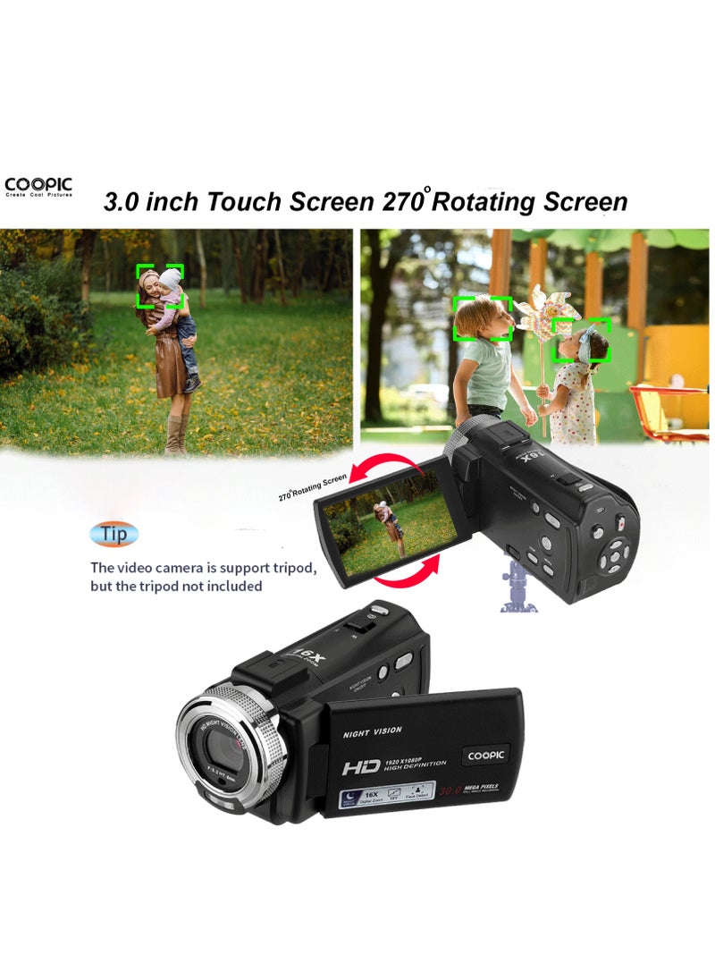 COOPIC V1000 3’’ TFT Anti-Shake Full HD 1080P Digital Video Camera | 30MP Photo, 16X Zoom, Night Vision, Compatible with Windows XP/7/8/10 for Vlogging and Content Creation - 270° Screen Rotation