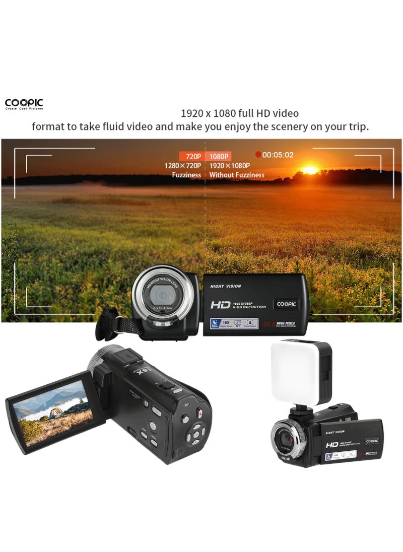 COOPIC V1000 3’’ TFT Anti-Shake Full HD 1080P Digital Video Camera | 30MP Photo, 16X Zoom, Night Vision, Compatible with Windows XP/7/8/10 for Vlogging and Content Creation - 270° Screen Rotation