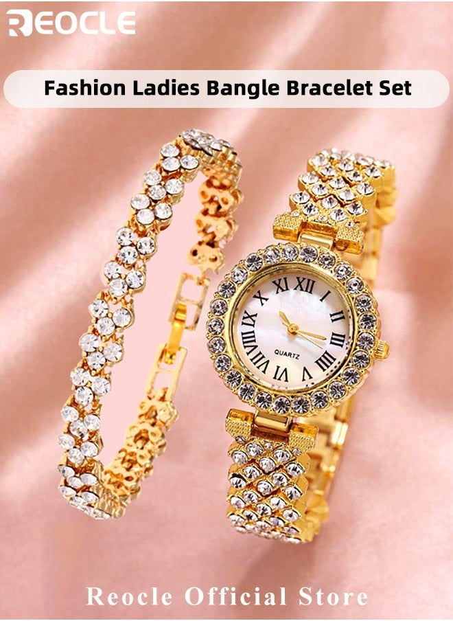 Women's Premium Crystal Accented Bangle Watch and Bracelet Set Diamond Wristwatch Set Analog Quartz Wrist Watch for Ladies