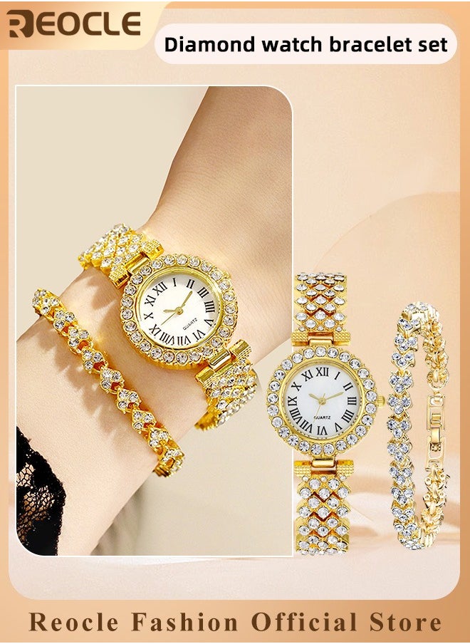 Women's Premium Crystal Accented Bangle Watch and Bracelet Set Diamond Wristwatch Set Analog Quartz Wrist Watch for Ladies