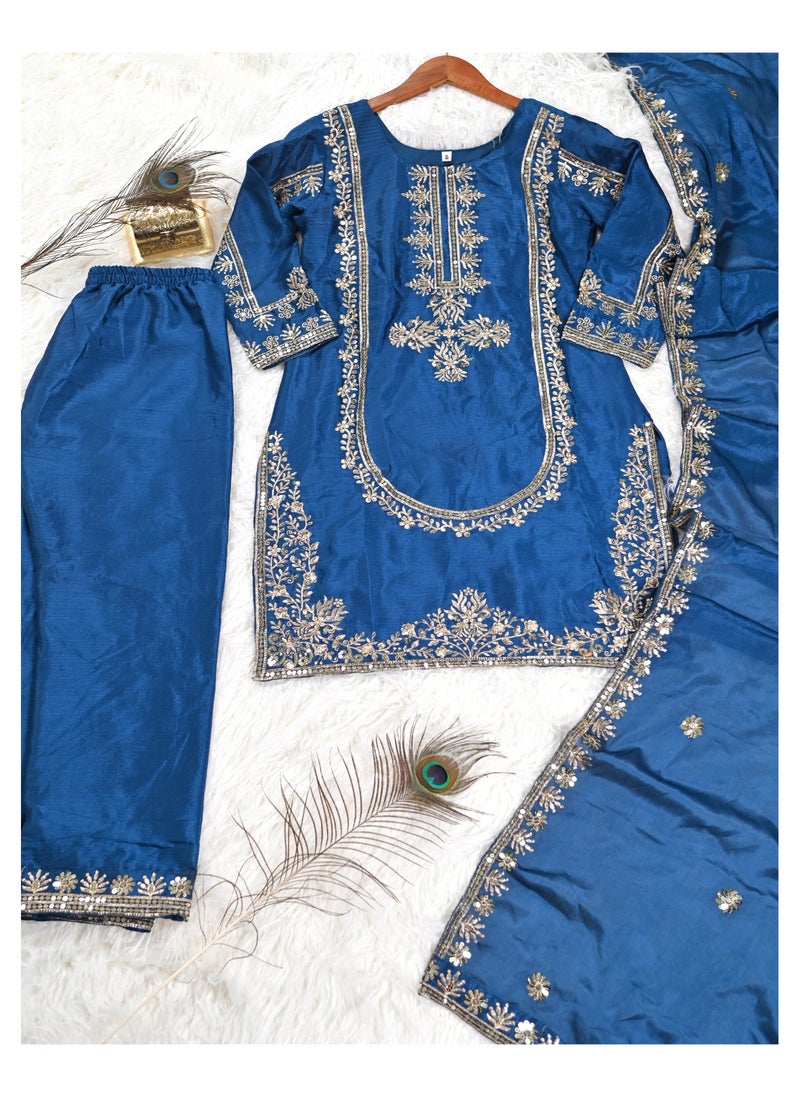 Presenting new designer embroidered Chinnon suit with sequence embroidered work