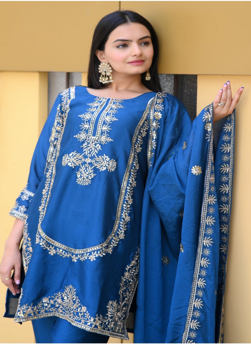 Presenting new designer embroidered Chinnon suit with sequence embroidered work