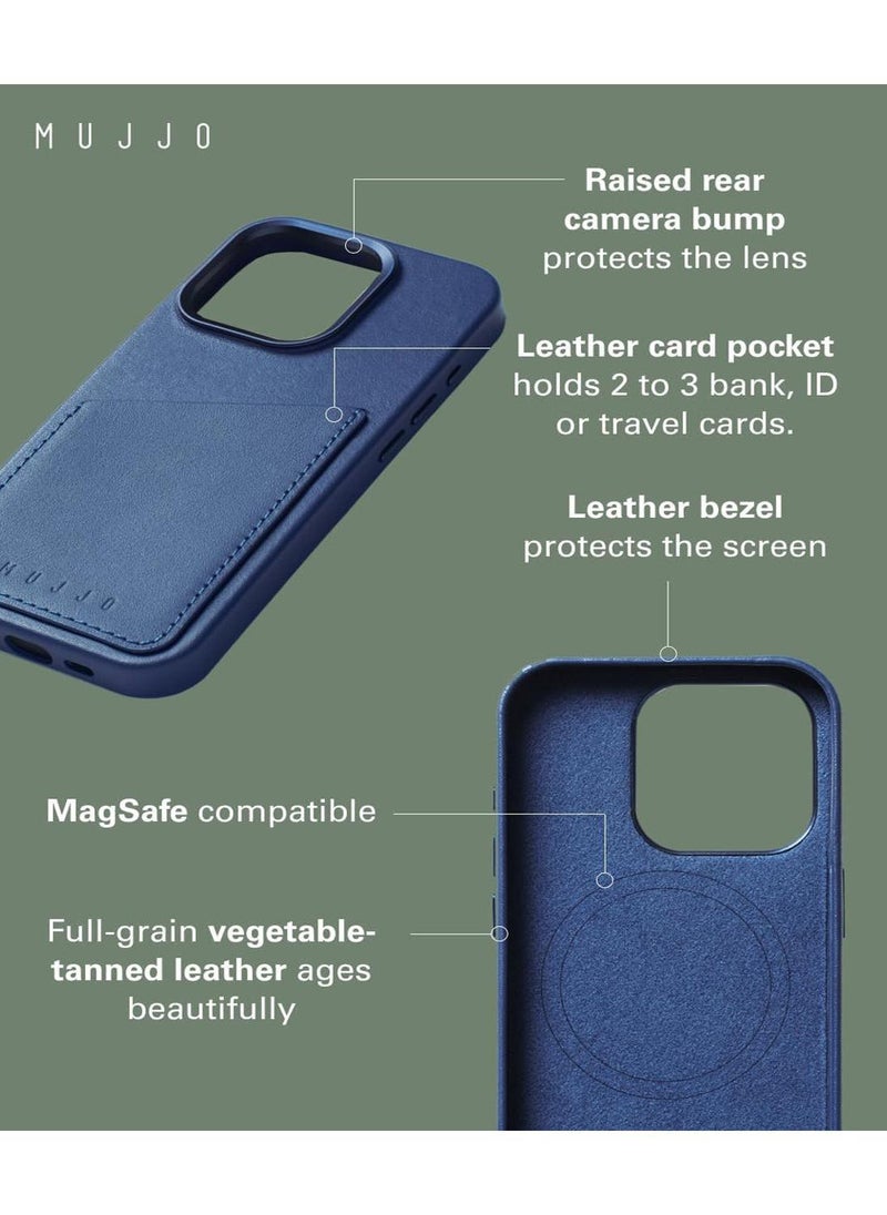 Mujjo Leather Wallet Case for iPhone 15 Pro - Premium European Leather Case with Card Pocket, Enhanced Phone & Camera Lens Protection, MagSafe Compatible - iPhone 15 Pro Card Wallet Case (Monaco Blue)