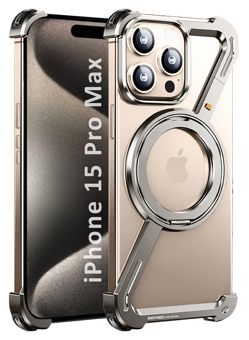 (For Apple iPhone 15 Pro Max) Z-Shaped MagSafe Case with Metal Stand and 360° Rotation Metal Case Cover - Natural Titanium-1