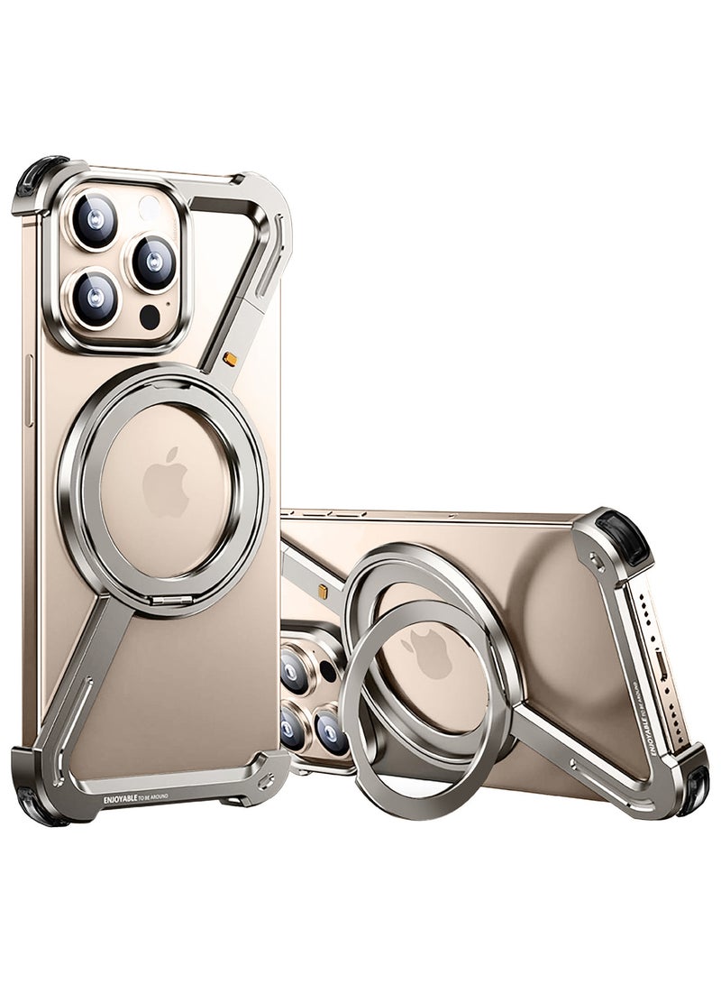 (For Apple iPhone 15 Pro Max) Z-Shaped MagSafe Case with Metal Stand and 360° Rotation Metal Case Cover - Natural Titanium-1