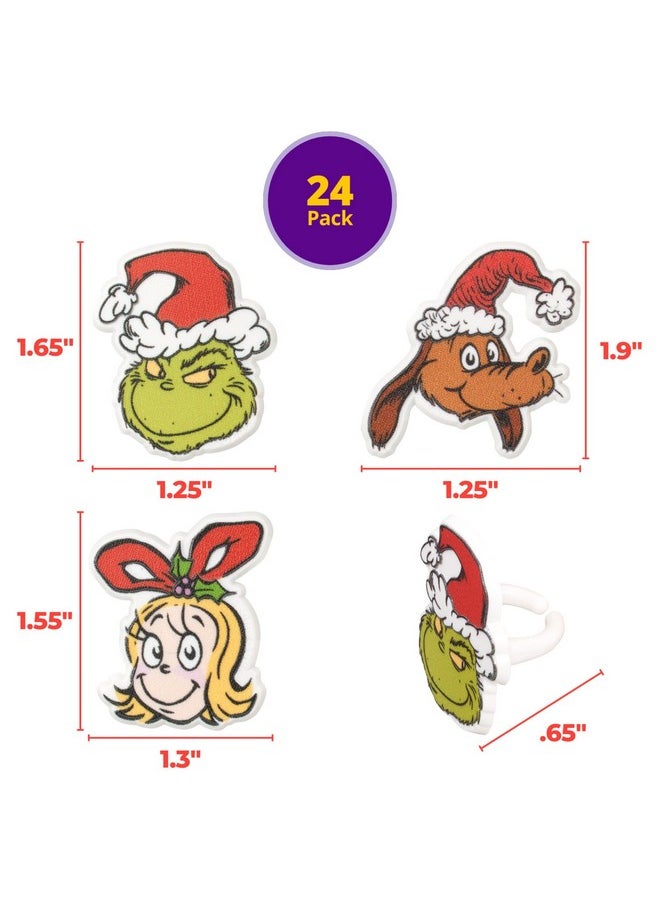 How The Grinch Stole Christmas! Rings, Cupcake Decorations With Cindy Lou Who, The Grinch, Max, Christmas Cake Toppers, Food Safe Festive Cupcake Toppers - 24 Pack