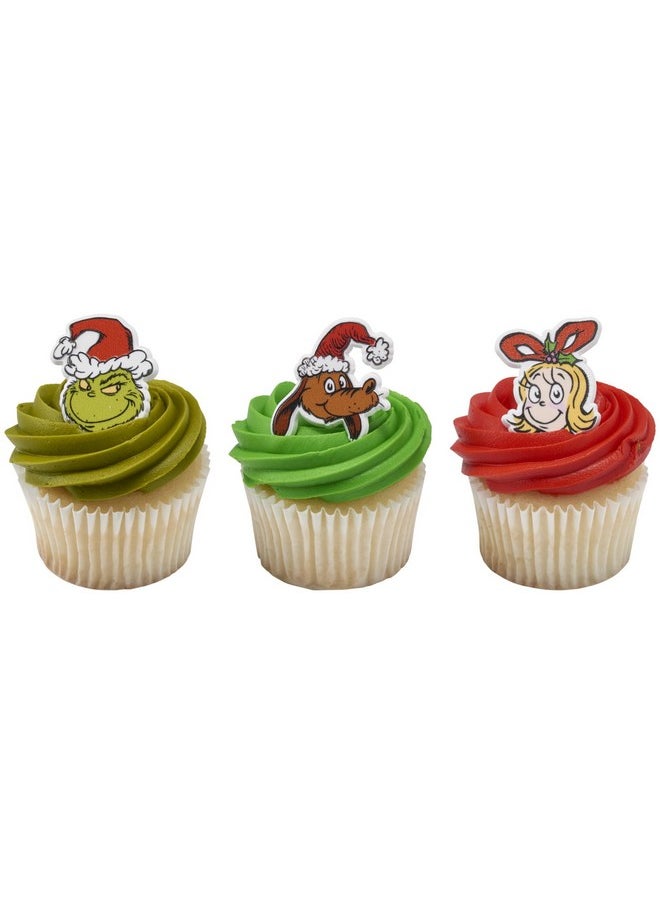 How The Grinch Stole Christmas! Rings, Cupcake Decorations With Cindy Lou Who, The Grinch, Max, Christmas Cake Toppers, Food Safe Festive Cupcake Toppers - 24 Pack