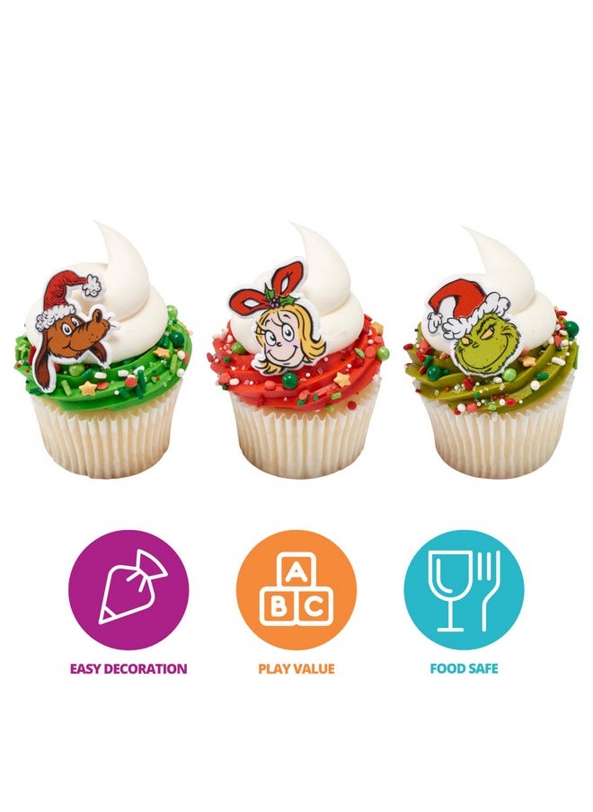 How The Grinch Stole Christmas! Rings, Cupcake Decorations With Cindy Lou Who, The Grinch, Max, Christmas Cake Toppers, Food Safe Festive Cupcake Toppers - 24 Pack