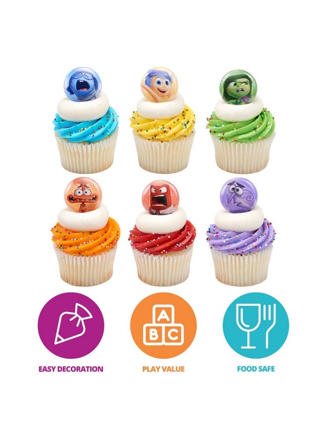 Disney & Pixar'S Inside Out 2 Bursts Of Emotion Rings, Multicolored Cupcake Decorations, Food Safe Cupcake Toppers - 24 Pack